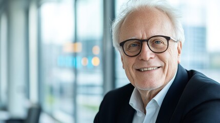 Naklejka premium A smiling elderly man with glasses poses in a modern office setting.