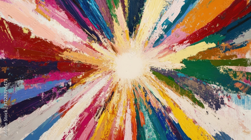 Poster vibrant abstract art with rays of color in dynamic burst, showcasing a spectrum of energetic hues th