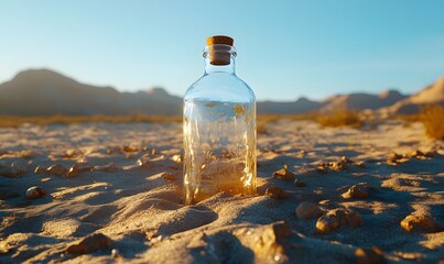 Obraz premium Transparent glass bottle buried in desert sand, Generative AI