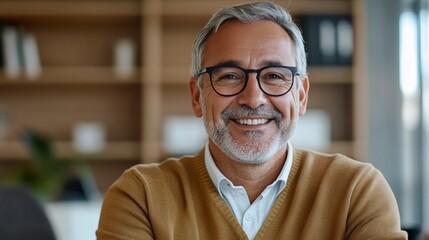 Obraz premium A smiling older man with glasses, showcasing confidence and warmth in his workplace.
