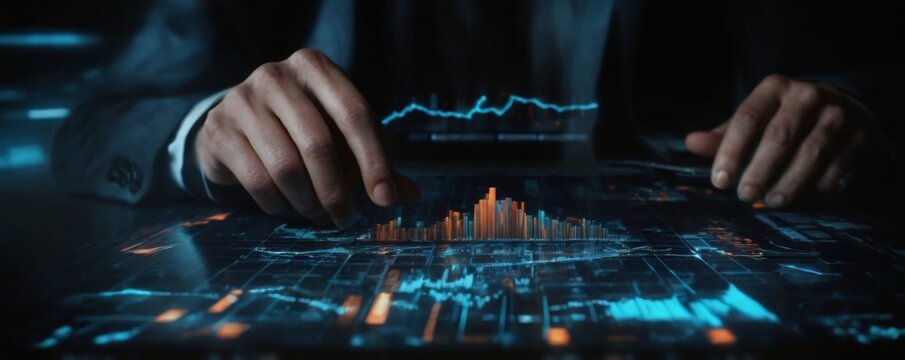 Closeup of person's hands analyzing data on computer screen with graph and pie chart in cityscape backdrop.