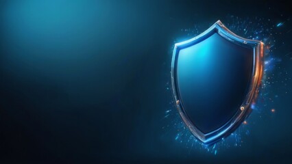 Futuristic shield design with metallic frame on dark blue background, featuring blue and orange gradient and sparkling particles.
