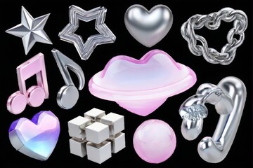 Nine 3D icons and symbols arranged in a grid on black background  diverse collection of graphics.