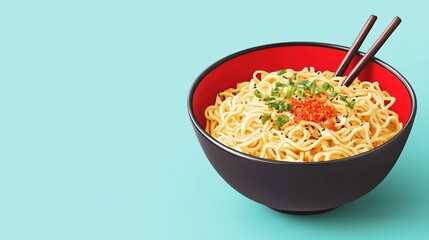 A vibrant bowl of noodles topped with green onions and a spicy sauce on a turquoise background.