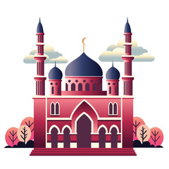 A red big mosque with some clouds in the sky isolated on white background