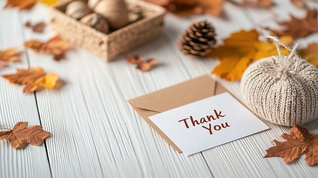 Autumn-themed thank you card surrounded by natural decorations on a wooden table.
