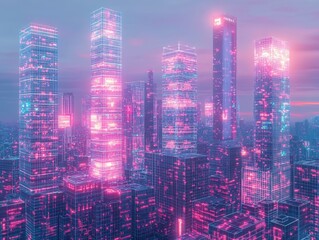 Fototapeta premium Futuristic cityscape with glowing skyscrapers and neon lights at dusk.