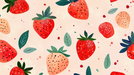 Vibrant and Cheerful Strawberry Pattern on Soft Background Ideal for Fresh Food Themes, Summer Projects, and Culinary Designs with Nature Inspiration