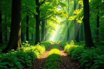 Fototapeta premium Sun-dappled forest path, vibrant green canopy, summer, green, ray