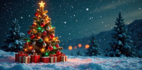 Obraz premium Ornate tree, vibrant ornaments, twinkling lights, gifts, snowflakes , holiday cheer, lights