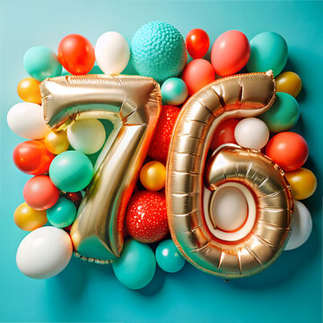 76th Birthday. Golden Balloons & Festive Celebration
