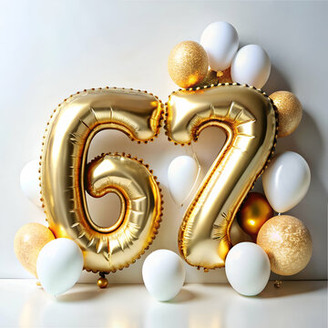 67th Birthday Celebration. Gold and White Balloons Decorations