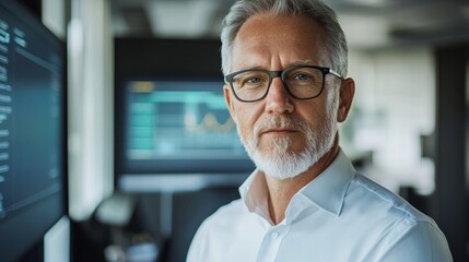 Fototapeta premium Confident adult man in glasses standing in modern office with data analytics on screens.