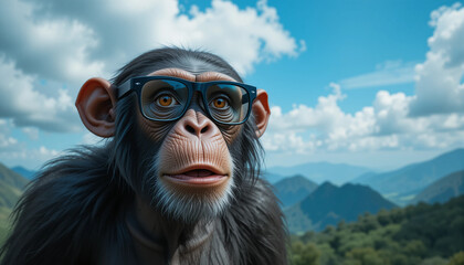 surprised chimpanzee wear glasses on bright blue background