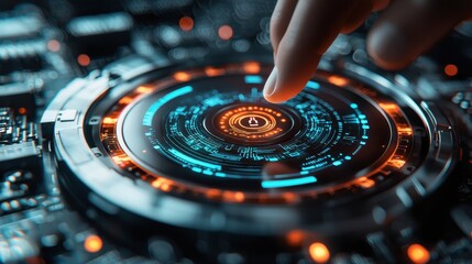 Futuristic touchscreen interface with glowing digital circuits and a hand interacting with advanced holographic technology in a high-tech setting