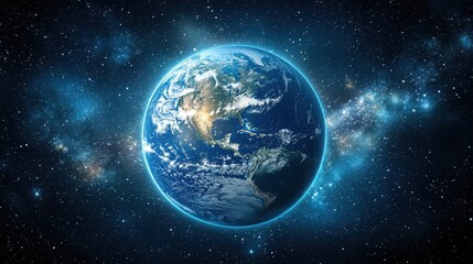 Obraz premium Glowing Earth viewed from space with stars and the Milky Way in the background