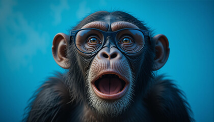 surprised chimpanzee wear glasses on bright blue background