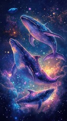 Fototapeta premium A cosmic scene featuring whales swimming through a vibrant galaxy filled with stars and colors.