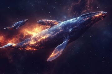 Fototapeta premium A cosmic scene depicting whales swimming through a vibrant, starry galaxy.