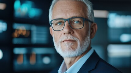 Confident businessman in glasses standing in front of digital interface.