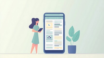 Woman reading online news on giant phone.