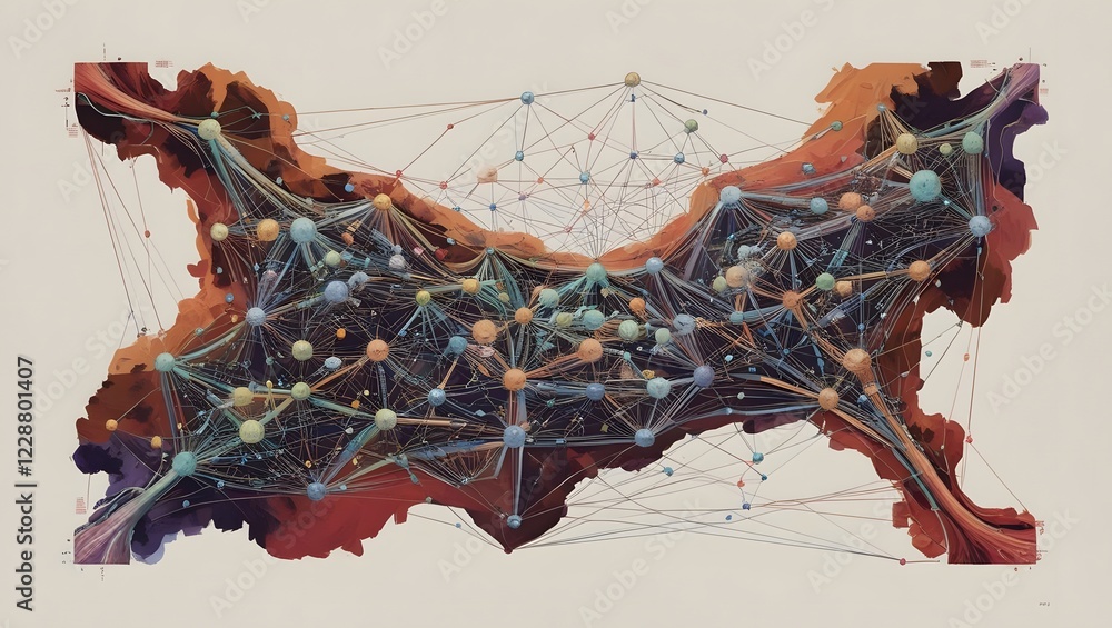Poster abstract networks and nodes, connectivity map with geometric shapes