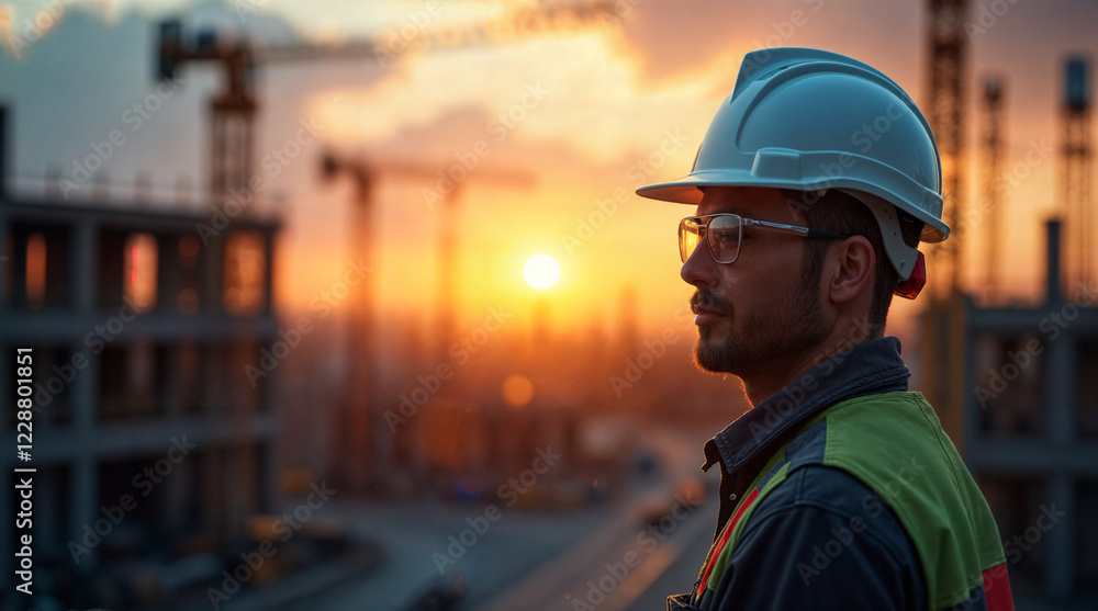 Poster builder engineer in helmet on construction site background . generative ai