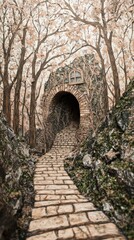 Obraz premium Enchanted Forest Stone Path Fairytale Cottage Mystical Woods Nature Scene