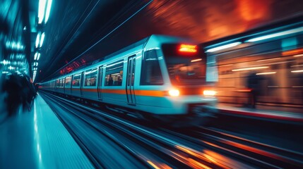 Subway train in motion, glowing tunnel lights, fast-moving urban scene 