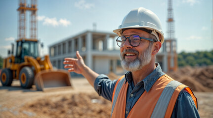 Fototapeta premium happy builder engineer in helmet on construction site background . Generative AI