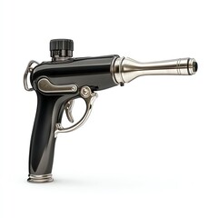 Detailed view of a professional airbrush gun used for painting and artistic applications, showcasing its design and features against a clean white background.