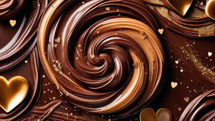 Rich Chocolate Swirls in Varying Shades of Brown with Golden Sparkles and Heart Shapes