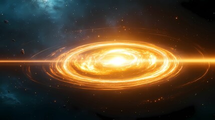 Fototapeta premium A vibrant cosmic scene depicting a swirling galaxy with a bright central core, surrounded by shimmering stars in a dark, expansive universe.