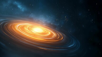 A stunning view of a glowing spiral galaxy, showcasing vibrant orange and yellow hues against a deep blue cosmic background.