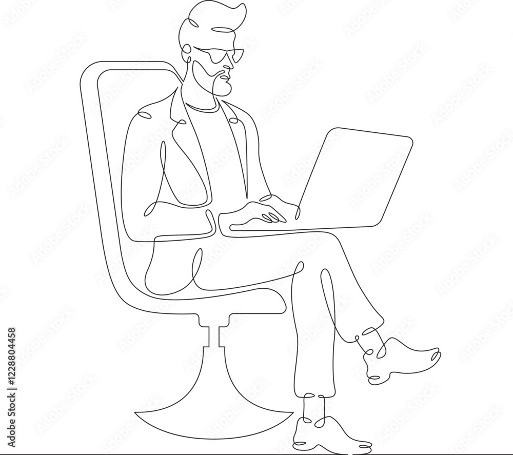 Poster continuous one line drawing man sitting with laptop. a programmer works online. a designer at a comp