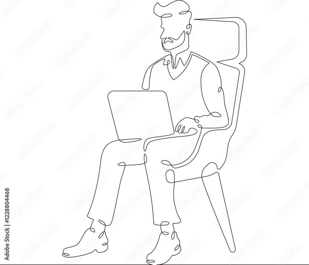 Poster continuous one line drawing man sitting with laptop. a programmer works online. a designer at a comp