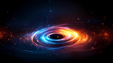 A vibrant cosmic swirl of blue and orange light, depicting the mesmerizing beauty of a galaxy or black hole against a dark backdrop.