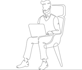 Continuous one line drawing man sitting with laptop. A programmer works online. A designer at a computer. One continuous line isolated minimal illustration.Not AI.