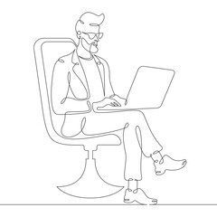 Continuous one line drawing man sitting with laptop. A programmer works online. A designer at a computer. One continuous line isolated minimal illustration.Not AI.