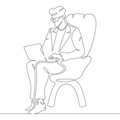 Continuous one line drawing man sitting with laptop. A programmer works online. A designer at a computer. One continuous line isolated minimal illustration.Not AI.