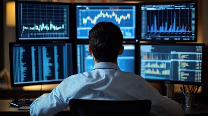 Man analyzes stock market data on multiple screens. Illustrates financial analysis, trading, and investment.