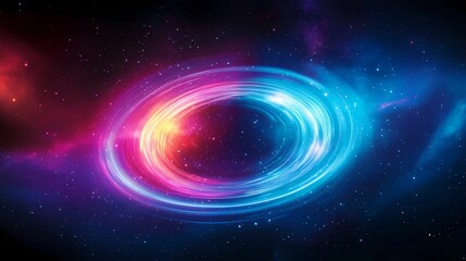 A vibrant cosmic swirl of colors in space, depicting a celestial phenomenon with shades of blue, pink, and purple, surrounded by stars.