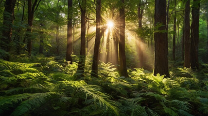 Obraz premium Lush green forest background, sunlight filtering through trees, dramatic lighting, golden hour, photorealistic