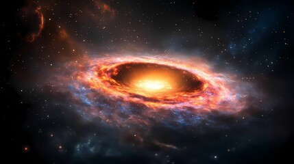 Fototapeta premium A vibrant cosmic scene featuring a swirling galaxy with a bright center, surrounded by colorful nebulae and stars against the vastness of space.