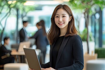 Smiling Japanese businesswoman standing in an office, holding her laptop. She is wearing casual clothes, and other people working behind her are blurred.,generated ai.  