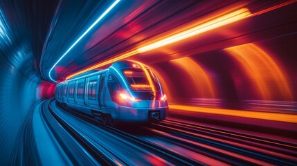 Fototapeta premium Fast-moving train in a subway tunnel, motion blur, glowing neon light accents 