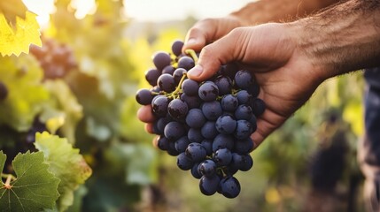 Obraz premium A farmer working in a lush vineyard, harvesting grapes for fruit and wine production,