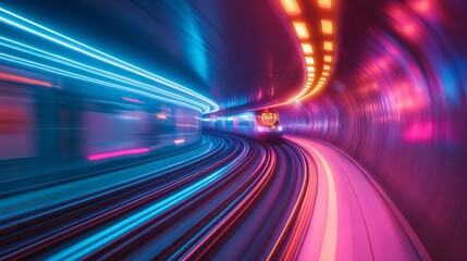 Fototapeta premium Fast-moving train in a subway tunnel, motion blur, glowing neon light accents 