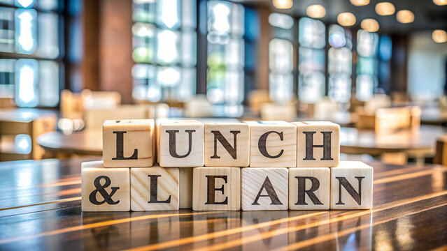Lunch and learn symbol. Wooden blocks with concept words Lunch and learn