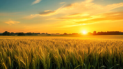 Fototapeta premium Golden wheat field under a bright sunset with glowing skies and natural beauty representing agriculture and countryside life